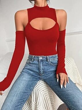 Hilinker Red Criss Cross Halter Neck Romper Short Pants Mesh Sheer Jumpsuit